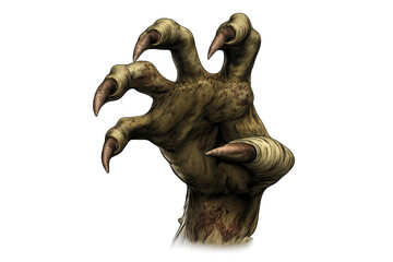 Fototapeta premium Zombie monster hand reaching out with long claws, scary creature limb for horror and halloween concepts