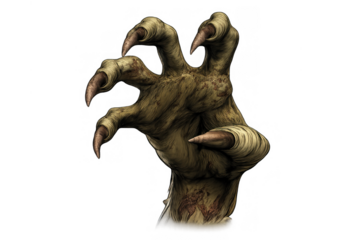 Zombie monster hand reaching out with long claws, scary creature limb for horror and halloween concepts