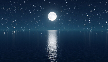 Obraz premium 月夜の海に銀色粒子が舞う幻想夜景背景