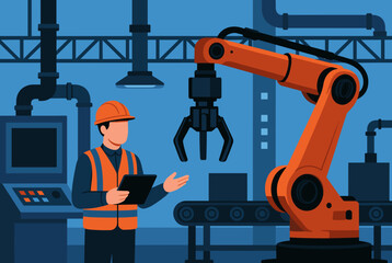 Industrial Engineer Overseeing Robotic Arm in Manufacturing Facility