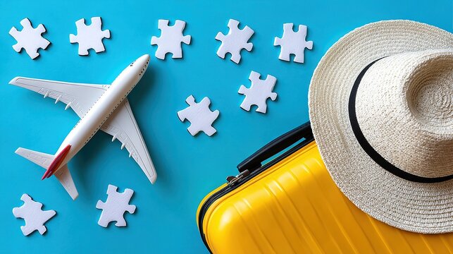 Travel-app splash: white case & hat on pastel sky + paper plane, 4K dark-mode safe, center logo boosts install