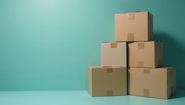 Stacked cardboard boxes sit in neat order against a teal backdrop. These packages await their next destination in a clean minimalist arrangement. Ready for shipping and storage.