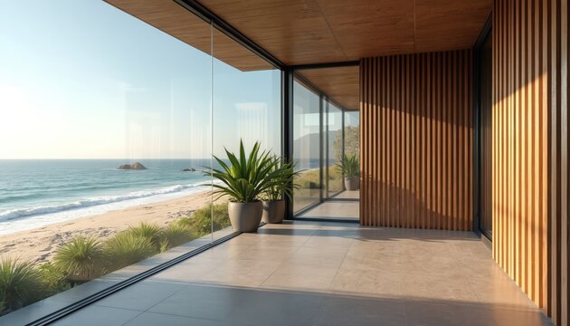 Modern room with large windows overlooks ocean beach. Natural light fills space with wood slat walls. Plants on floor add green touch to interior.