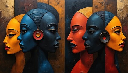 Abstract artwork shows diverse african faces. Women profile portraits in yellow blue and orange colors. Modern ethnic style with bold lines.