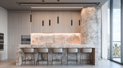Modern kitchen interior design with marble counter and bar stools