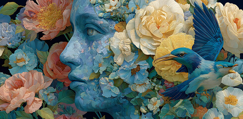 Obraz premium Woman brain with flowers and birds, self esteem and mental health care concept, positive thinking, creative mind, generative AI