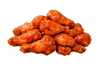 Buffalo chicken drumettes and wings stacked, coated in a spicy red sauce, ready to eat as an appetizer. Transparent background