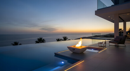 Luxurious infinity pool and fire pit overlooking the ocean at sunset, perfect for resort and real estate marketing
