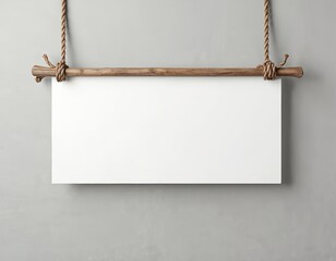 Blank white canvas banner hangs from rough wood bar tied with rope. Empty space on fabric for text or graphics. Rustic sign on gray wall for advertising.