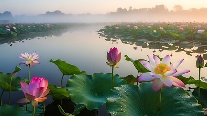 Ethereal Awakening: Sacred Lotus Blossoms in a Misty Morning Pond