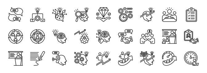 core professional skills icon set collection in outline style. icon set consist of communication, problem solving, critical thinking, analytical thinking, decision making, time management icon