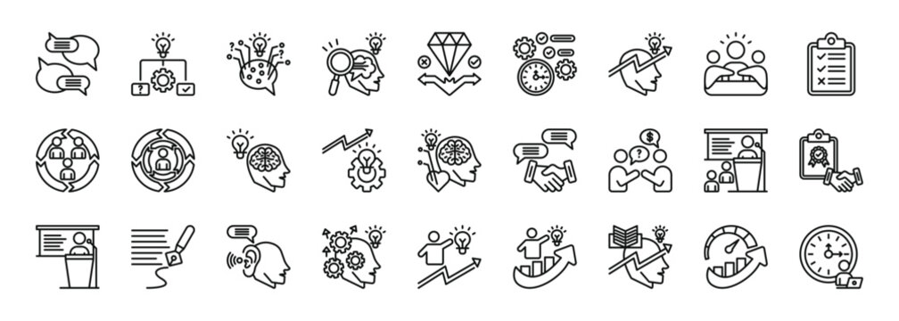 core professional skills icon set collection in outline style. icon set consist of communication, problem solving, critical thinking, analytical thinking, decision making, time management icon