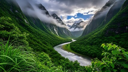 Winding River Through Lush Green Peaks