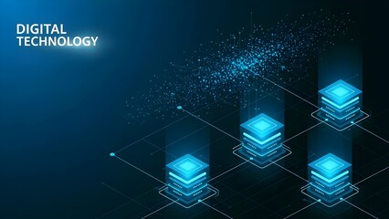 Abstract cloud, AI blockchain infrastructure concept. Futuristic blue background, Isometric data technology network 3D vector illustration with digital server platforms and cubes connected by lines.ai