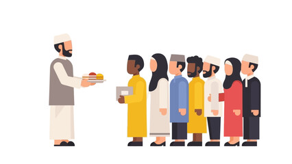 Diverse community members queue to receive charitable gifts and food during the holy month of Ramadan, showcasing unity, generosity, 