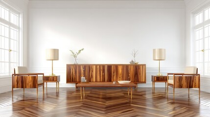 Elegant mid century modern living room interior design with wooden furniture