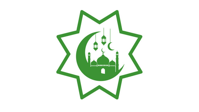 Elegant green Islamic Ramadan symbol featuring a crescent moon and mosque silhouette adorned with lanterns, intricately enclosed within an eight-pointed star design, perfect for spiritual reflection 