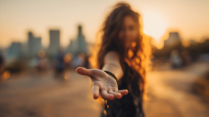 Woman Hand Reaching Out Offering Help And Support With Blurred Street Background 