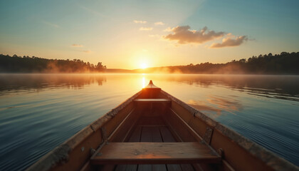 Canoe floats on misty lake at sunrise. Sun rays pierce through clouds above forest silhouette. Calm water reflects golden sky, tranquil morning nature.