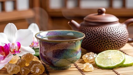 A serene and inviting traditional tea ceremony setup featuring a rustic brown teapot and a vibrant iridescent teacup filled with steaming hot tea accompanied by natural rock sugar fresh lime slices a.