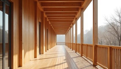 Naklejka premium Wooden walkway with modern architecture, creating a serene path. Natural light streams through columns and railings. Building facade features large glass windows overlooking landscape.
