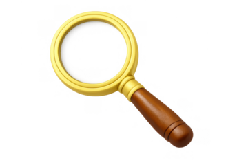 Gold magnifying glass with wooden handle finding, searching, researching, and investigating on transparent background