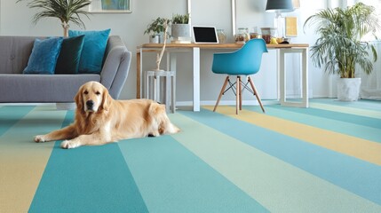 Golden retriever relaxing on striped floor in a bright living room setting