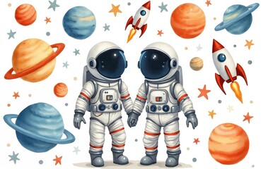 Fototapeta premium Two astronauts stand holding hands in planets, stars, and rockets. This watercolor illustration features cartoonish space elements for kids. Perfect for educational or playful space themes.