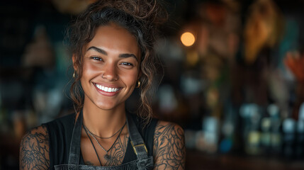 Smiling Barista Young Woman with Tattooed Arms: A Cheerful Portrait in a Vibrant Coffee Shop