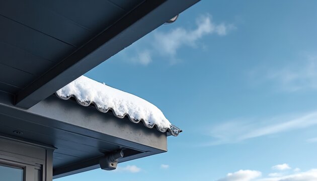 Snow melts on a dark roof edge and gutter system with a bright blue sky backdrop. Water drips from eaves, signaling seasonal weather changes.