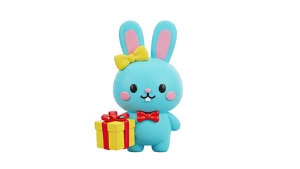 Cute blue bunny with yellow gift and red bow tie