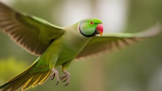 A vibrant green parrot with a red beak takes flight from a tree branch in a lush forest environment, showcasing its beautiful plumage and graceful movement.