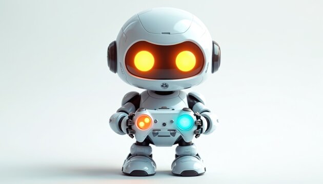 Cute robot plays video game holding controller. Futuristic bot with glowing orange eyes enjoys digital entertainment. Tiny android character with gaming device is ready for fun.