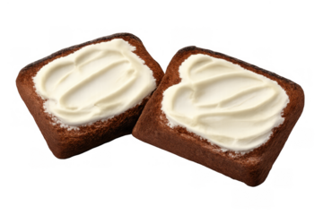 Two slices of toasted bread with a creamy spread, forming a delicious breakfast or snack food, transparent background