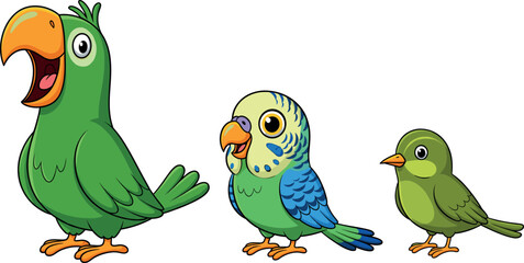 Obraz premium Set of Three Adorable Cartoon Birds: A Large Green Parrot, a Blue and Yellow Budgie, and a Small Green Sparrow Vector Illustration.