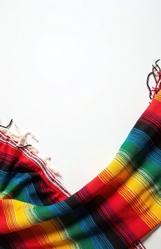 Vibrant striped sarape textile with multicolor stripes and fringed edges lies on white background. This traditional Mexican fabric has copy space for text overlay.