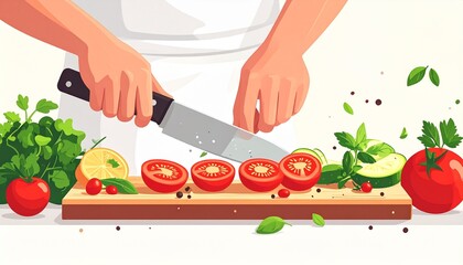 High-quality illustration of culinary preparation process featuring sliced tomatoes, greenery, and kitchen utensils for food blog and restaurant menu.