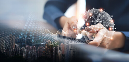 Internet network connection, digital technology, big data, digital marketing IoT internet of things. Woman using mobile phone and laptop computer surfing internet, innovative technology background