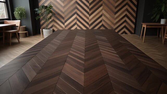 A modern interior with herringbone wooden flooring and stylish wall paneling design
