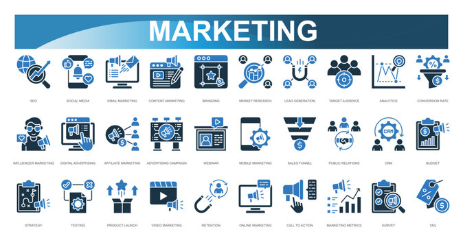 Marketing icon set. SEO, Social Media, Email Marketing, Content Marketing, Branding, Market Research, Lead Generation, Target Audience, Analytics, Conversion Rate. Vector illustration