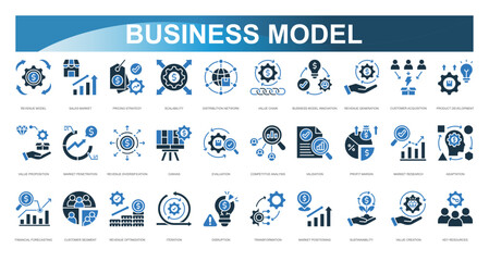 Business Model icon set. Revenue Model, Sales Market, Pricing Strategy, Scalability, Distribution Network, Value Chain, Business Model Innovation, Revenue Generation, Customer Acquisition, Product Dev