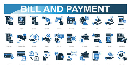 Bill and Payment Icon set. Vector illustration. Bill, Invoice, Receipt, Payment, Pay Now, Due Date, Overdue, Paid, Unpaid, Balance. Vector illustration