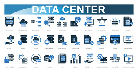 Data Center Icon set. Vector illustration. Server Rack, Cloud Storage, Data Storage, Search, Server Farm, Firewall, Data Backup, Load Balancer, Server Node, Validity. Vector illustration
