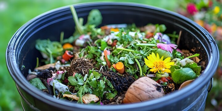 Kitchen compost bin packed with food waste - Powered by Adobe