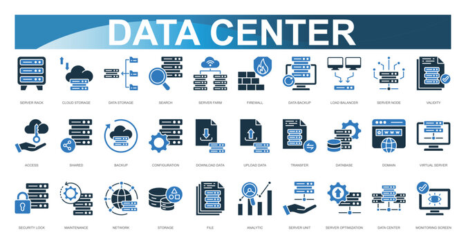 Data Center Icon set. Vector illustration. Server Rack, Cloud Storage, Data Storage, Search, Server Farm, Firewall, Data Backup, Load Balancer, Server Node, Validity. Vector illustration