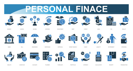 Personal Finance Icon set. Vector illustration. Budget, Saving, Income, Expense, Investment, Debt, Credit, Loan, Tax, Wallet. Vector illustration