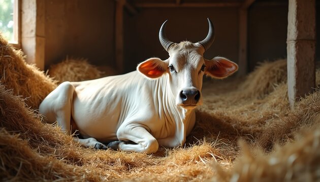 Indian Brahmin zebu cow rests in sunlit cowshed, surrounded by hay. This gentle farm animal appears calm and content. Rural, traditional, domestic mammal in its barn. Peaceful zebu cow.