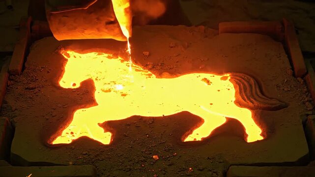 Pouring molten metal into a mold creating glowing shapes