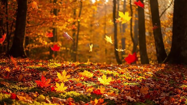 Wind Swept Dance falling leaves autumn A dynamic scene of a gust of wind causing a flurry of colorful autumn leaves to detach from
