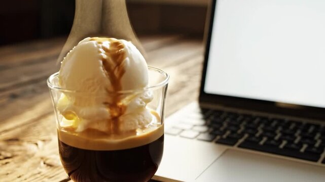 Coffee with Ice Cream and Laptop.